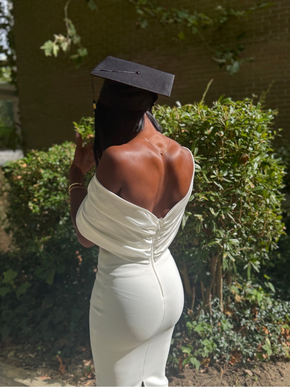 Off-Shoulder White Satin Sheath Dress